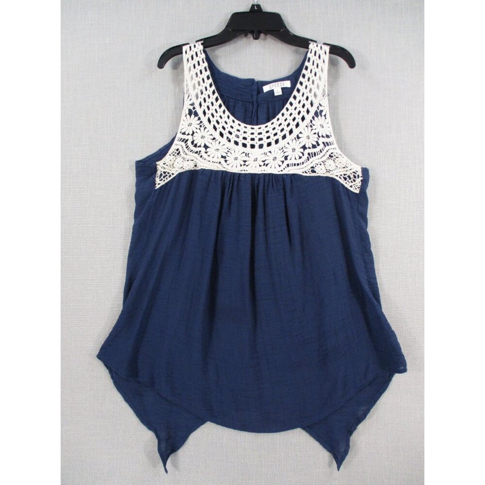 Spense Sleeveless Navy Top With Crochet Lace Trim L